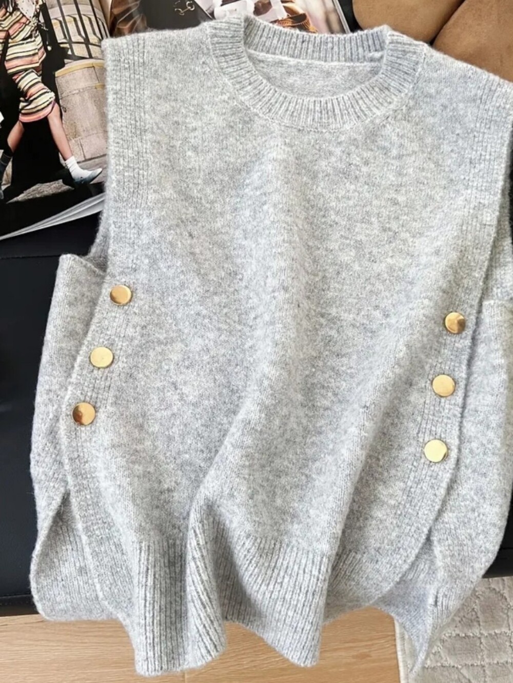 New Fashion Women's Loungewear Style Commuter Layering Solid Color Golden Button